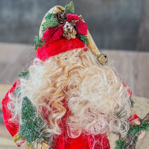 Curly Bearded Santa Claus in Red, Gold & Greenery Tree Top/Table Top Decor, 13”H - Picture 2 of 10
